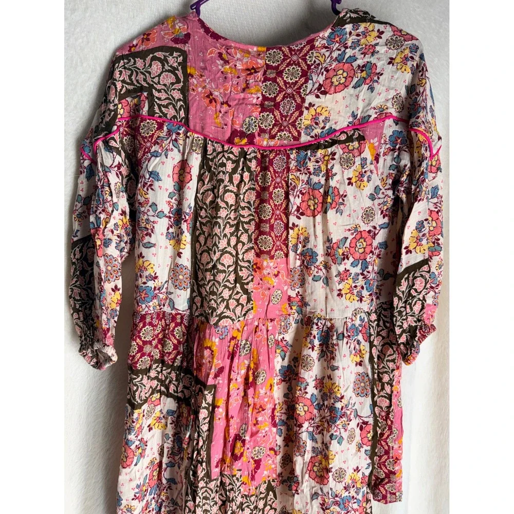 Zara Kids Girls Patchwork Floral Tiered Dress Pink Brown Size 11-12 Boho